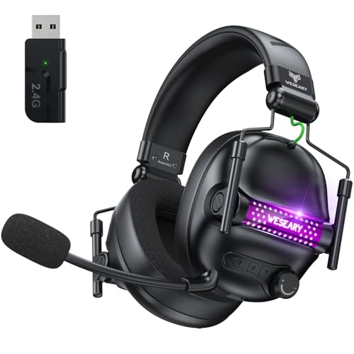 WESEARY Gaming Headset mit Mikrofon, 2,4 G kabelloses Gaming-Headset für PS5, PS4, PC, Switch, Mac, Faltbarer Surround Sound Noise Cancelling Kopfhörer mit LED Licht, Über 50...