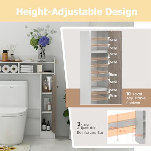 LIFEZEAL Estantería sobre Inodoro para Baño, Mueble de Almacenamiento con una Puerta Encima Inodoro, Armario con Estantes y Barra Ajustables, Organizador de Baño, Ahorro de Espacio (Blanco) - imagen 7