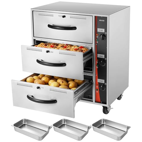 VEVOR Commercial Electric Drawer Warmer, Three-Drawer Stainless Steel Food Warmer, Freestanding Standard Warming Drawer Cabinet, 85°F–185°F Wide Temperature Range, for Restaurant, Hotel Buffet, Bakery