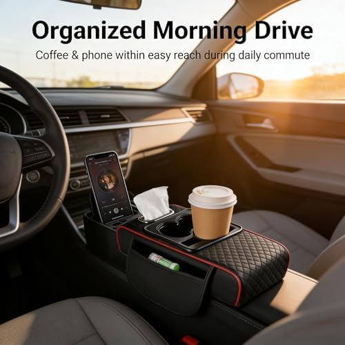 4-in-1 Multifunctional Car Armrest Cushion, Soft & Comfortable Cars Armrest Pad, Car Center Console Cover with Cup Holder, Phone Slot & Built-in Storage Box, Universal Auto Accessory (Black+Red) — view 8