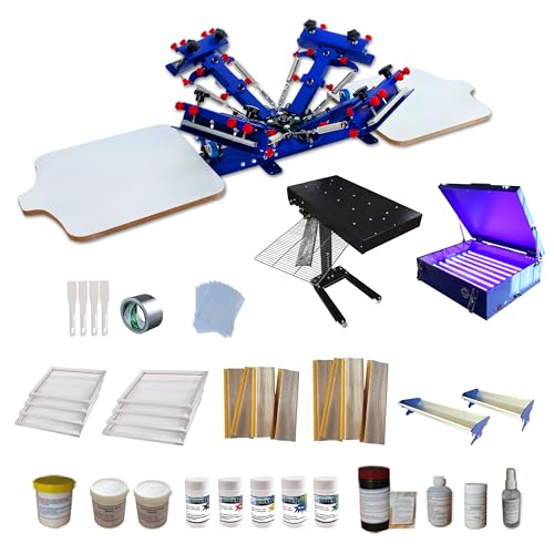 TECHTONGDA 4 Color 2 Station Screen Printing Kit Silk Screen Printing Machine Benchtop Press with Flash Dryer UV Exposure Unit Squeegee Frame Accessory