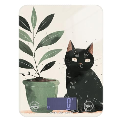 Balance de cuisine avec motif chat noir et feuilles vertes facile à nettoyer pour peser les aliments 5 kg/5 g avec 4 unités pour la cuisson des régimes (piles non incluses)