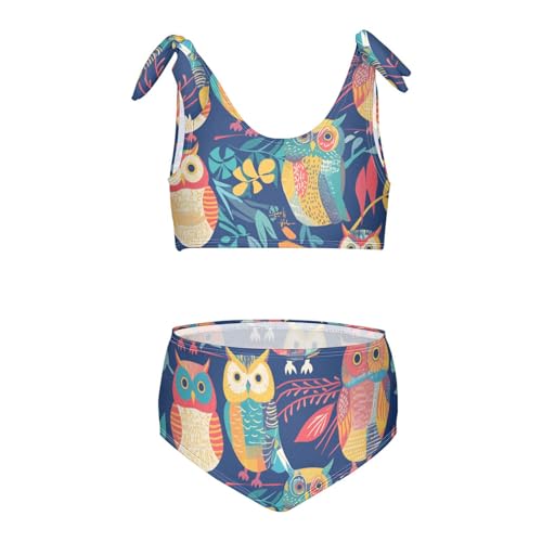 Cute Colorful Owls and Trees Girls' Two Piecing Kids Bikini Set Scoop Neck Swimsuits Swimwear Adjustable Strap