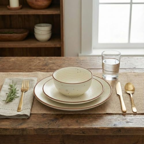 Image of Freakway Ceramic Dinner Set 18 Pieces | Stoneware Dinnerware with 6 Dinner Plates, 6 Quarter Plates & 6 Bowls | Rustic Speckled Design, Off-White