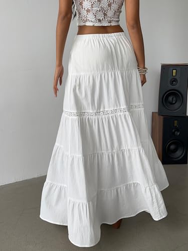 Verdusa Women's Boho Western Lace Long Skirt Drawstring Waist Layered Ruffle Skirts2