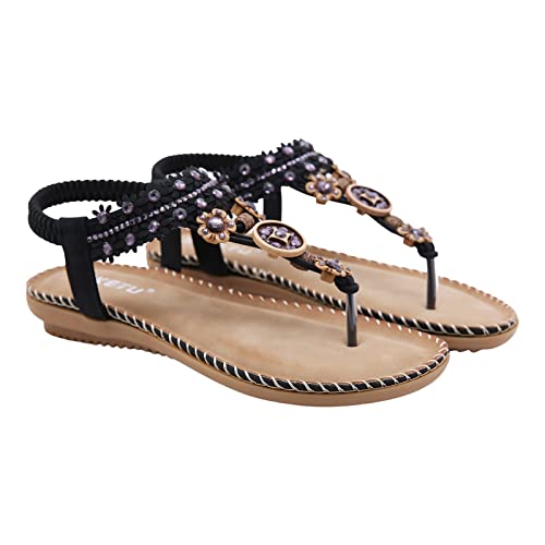 Yiida Sandalias de Verano para Mujer - Sandalias de Vestir de Playa Boho para Mujer y niña,Sandalias con Correa en T para Zapatos de Verano al Aire Libre en la Playa Oceanside, Negro, 39 EU