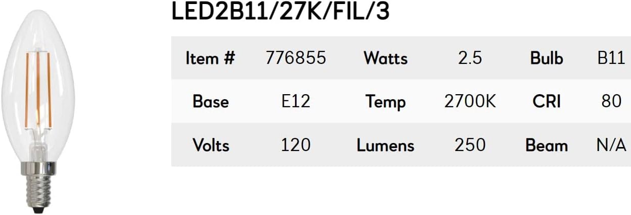 Bulbrite (10 Pack) 776855, 2.5 Watt B11 LED Filament Light Bulb, 2700k E12 Candelabra Base, Clear Finish, Pack of 10