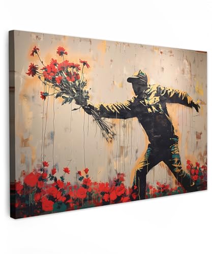 MuchoWow© Impression sur Toile Decoration Murale Peinture 120x80 cm Tableaux Decoratifs Muraux Décoration Chambre Street art - Homme - Fleurs - Rouge -...