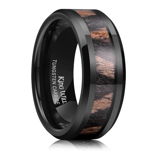 Image of King Will Nature Koa Wood Inlay Tungsten Carbide Wedding Ring 8mm Silver /Black /Gold /Green /Rose Gold /Blue Wedding Band for Men High Polished Anniversary Rings Comfort Fit Size 6-15
