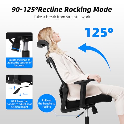 Daccormax Bürostuhl Ergonomisch, Schreibtischstuhl mit Verstellbarer Kopfstütze, Armlehnen, Lendenwirbelstütze, Drehstuhl Wippfunktion, Chefsessel aus Mesh,Rückenschonend, Bürostuhl 150kg