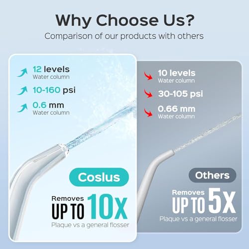 COSLUS E1 Electric Water Flosser for Teeth: Professional Dental Pick for Orthodontic, Sensitive Gums, Braces - 12 Pressure Settings & ​​5 Multi-Functional Tips for Multiple Users, Home Use, White
