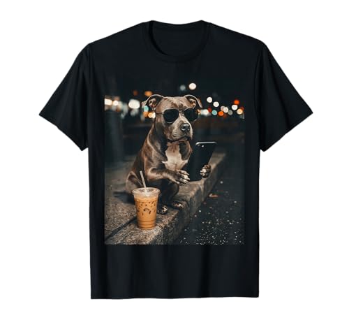 Pitbull Dog Drinking Iced Coffee Using Phone Meme Funny T-Shirt