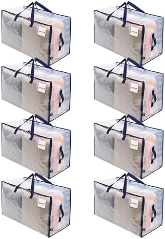 VENO 8 Pack Moving and Storage Bags, Heavy Duty, Alternative to Moving Boxes, Large Packing Totes Supplies for College Dorm Room with Zipper for Clothes, Wide Open Design (Clear, 8 Pack)