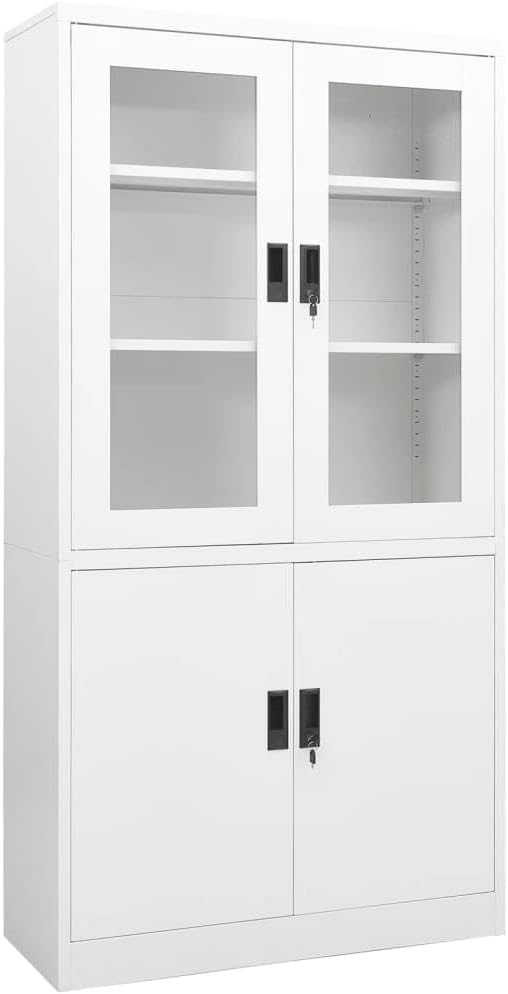 Office Cabinet with Tempered Glass Doors and Adjustable Storage Shelves, White Steel Frame for Filing and Organizing Documents, 35.4 Inches Wide, 15.7 Inches Deep, 70.9 Tall,