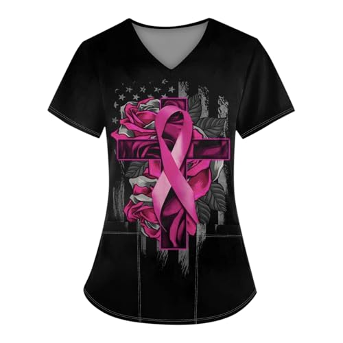 Breast Cancer Pants Plus Size Short Sleeve Festival Blouses Woman Kawaii Park Polyester with Pockets Tshirts Black 4XL