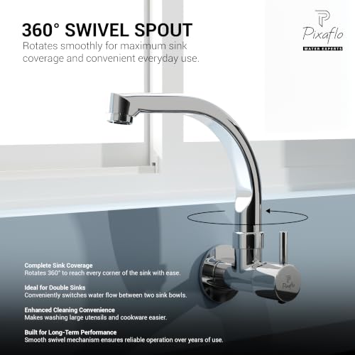 Image of Pixaflo Florent Brass Kitchen Sink Tap with Wall Flange | 360 Swivel C-Type Spout | Wall Mounted Kitchen Faucet | Foam Flow Aerator | Water Saving | Chrome Finish