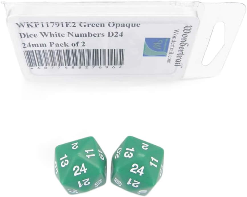 Green Opaque Dice with White Numbers D24 24mm (15/16in) Pack of 2 Wondertrail