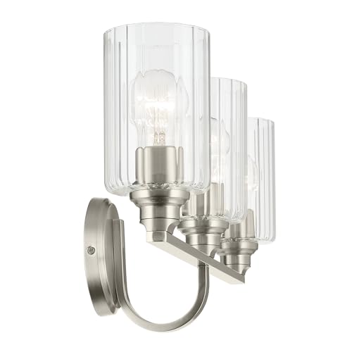 Image of Kichler Gioe 24.25 in 3-Light Bathroom Vanity Light Fixture with Clear Fluted Glass in Brushed Nickel, Modern Wall Mount Over Mirror for Powder Room, Damp Rated (24.25 in W x 10.5 in H), 55226NIFLU