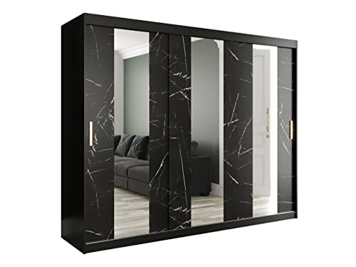 Kleiderschrank Kamoga POLE, Schwebetürenschrank mit 2 Kleiderstangen Spiegel Marmor Muster Schiebetürenschrank für Schlafzimmer Garderobe (Modell 250, ohne Schubladen, Schwarz / Marmor Schwarz + Gold)