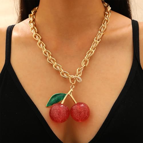 Large Cherry Pendant Necklace for Women Gold Chunky Rope Chain Statement Fruit Jewelry2