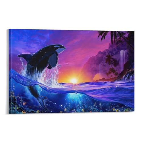ラッセン カラフル ブルー シャチ クジラ 海 熱帯魚 サンゴ 朝の太陽 美術絵画 ポスター ウォールアート 部屋飾り キャンバス 絵画 ベッドルーム ポスター リビング 壁の絵12x18inch(30x45cm)