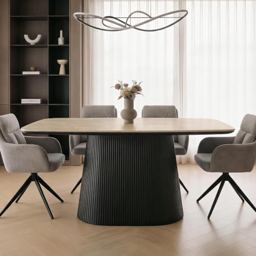 IDIMEX Table à manger Grano 180 x 90 cm avec plateau en céramique, beige/noir – Table de salle à manger aspect travertin, avec plateau en pierre et structure colonne à lamelles, facile d'entretien et