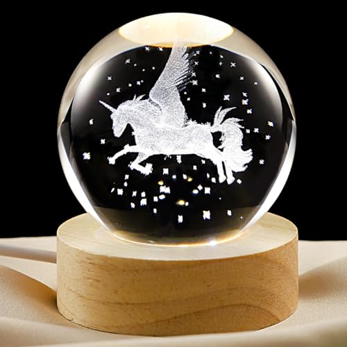 Image of 3D Pegasus Crystal Ball Lamp with Dimmable LED and Wooden Base, Night Light for Kids Teens Adults, Home Desk Office Bedroom Decor, Birthday Gift (2.4 inch / 6cm)