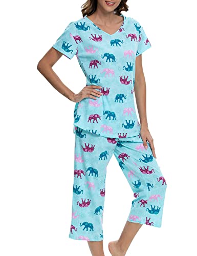 Image of ENJOYNIGHT Womens Pajama Sets Cotton Pj Set Short Sleeve Top With Capri Pants Sleepwear 2 Piece Lounge Set