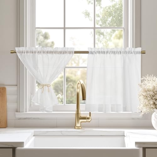 KGORGE Scheibengardinen Modern Küche Gardine Weiß Transparent Gardinen Bistro Kurz Fenster B 90 x H 50 cm 2er Set Fenstergardinen mit Stangedurchzug Kurzgardinen für Küchenfenster/Schrank/Wohnwagen