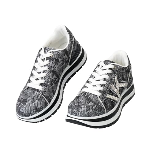 CLEIKS Chaussures Pour Femmes Baskets Avec Plateau Design Lettres Semelle Caoutchouc Légère Pour Trajet Professionnel Loisirs (Schwarz 37 EU WSC260163-1)