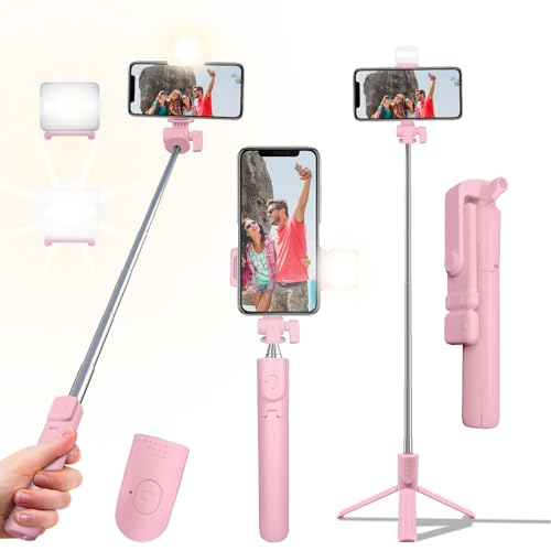 Selfie Stick Tripod, 40in Retractable Phone Tripod with Wireless Remote Control & Light, Portable Selfie Stick Tripod for Photograph, Video Recording, Compatible with All Cellphones (Pink)