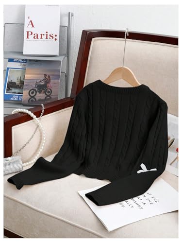 Image of SweatyRocks Girl's Cable Knit Sweater Cute Bow Crewneck Long Sleeve Pullover Sweater Black 8Y