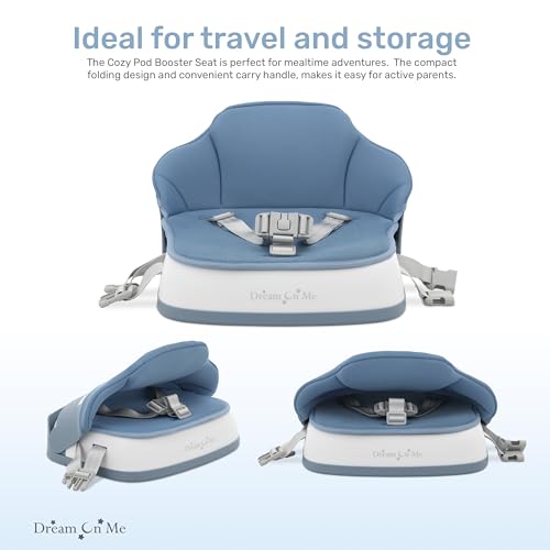 Image of Dream On Me Cozy Pod Baby Booster Seat for 6-36 Months, Portable Travel Booster Chair with 3-Point Safety Harness & 2 Fixing Belts, for Table & Dining, Lightweight Foldable & Easy to Carry - Blue