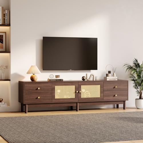 PUGSDRLY Meuble Bas TV 180x35x44cm Coloris Bois foncé avec 2 Portes en rotin, 4 tiroirs, Trous de Passage pour câbles, charnières à Fermeture Progressive, conçu...