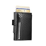 Cierre seguro con presión Ögon Smart Wallets - Cascade Wallet Cierre con presión - Cartera automática de Aluminio y Piel con Bolsillo para Monedas - Tarjetero RFID - 8 Tarjetas y Billetes - Cuero Carbon / Aluminio Negro