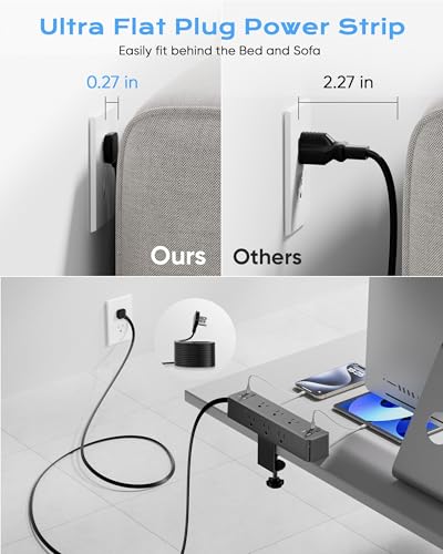Image of Flat Plug Desk Clamp Power Strip 15FT, 40W Total Fast Charging Station, Dual PD 20W USB C Ports, Desk Edge Mount Power Strip 9 AC Outlets 8 USB Ports(4 USB C) Surge Protector, Fit 1.7 inch Tabletop Edge