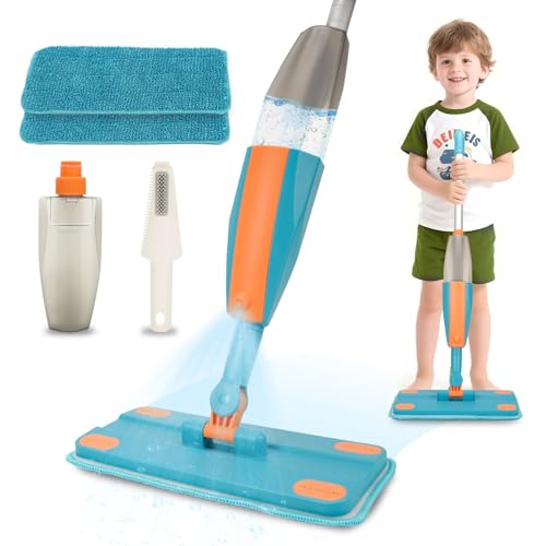 BAYMI Kids Spray Mop - Real Working Toddler Cleaning Toy Set with Water Sprayer & 2 Washable Pads - Montessori Mini Mop & Sweeper - Interactive Learning Toys for Kids Ages 3+