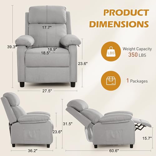 Image of Recliner Chair, Living Room Chairs for Adults, Padded Deep Seat Reading Chair with Side Pockets, Small Recliners for Small Spaces, Lounge Chair for Living Room, Bedroom, and RV (Linen)