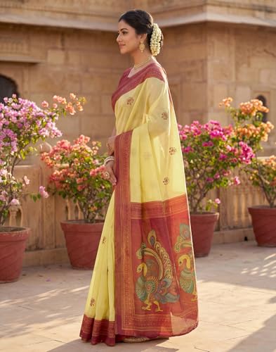 Image of SIRIL Women's Printed Cotton Linen One Minute Ready to Wear Saree With Unstitched Blouse Piece