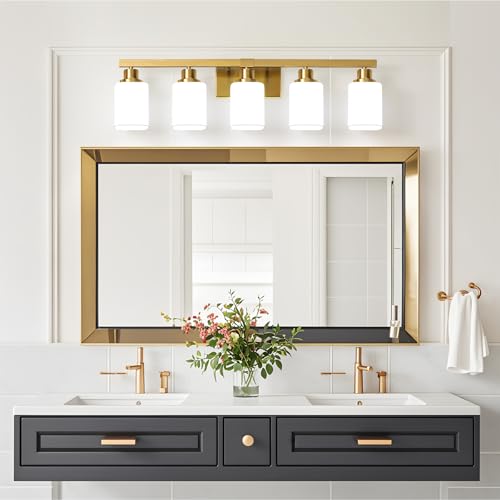 Image of Brushed Gold Bathroom Vanity Light,5-Light Bathroom Light Fixtures with Square Frosted Glass,Gold Bathroom Wall Lamp Sconces for Mirror Bedroom,Living Room Hallway,E26