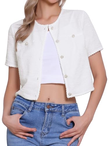 Image of Allegra K Short Sleeve Tweed Jacket for Women Summer Crew Neck Button Front Cropped Cardigan