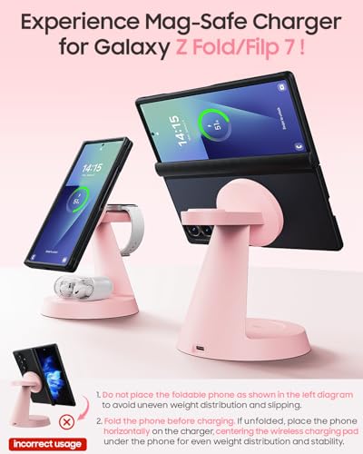 Image of Meifigno Magnetic Wireless Charger for Samsung, 3 in 1 Charging Station Compatible with MagSafe Samsung Charger for Galaxy S26 Ultra S25 Z Fold7 /Flip7, Charger Stand for Galaxy Watch Ultra 8 7, Pink