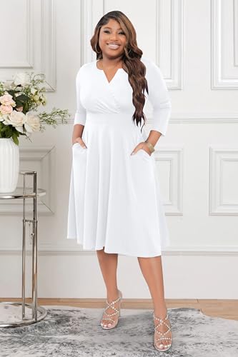Image of Runwind Women's Plus Size Midi Dress 3 /4 Sleeve Fit and Flare Cocktail Dresses Casual V-Neck Dress with Pockets