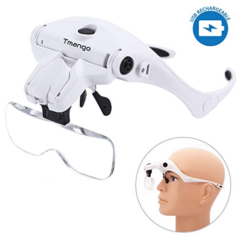 TMANGO Head Mount Magnifier with LED Lights, Rechargeable Headset Magnifying Glasses for Close