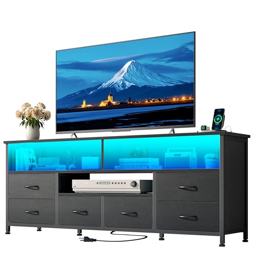 For Bedroom, 6 Drawers Entertainment Center With Power Outlets For 50/55/60 Inch Tv, Media Console Table With Shelves For Living Room & Hallway, Pu Leather Surface, Black