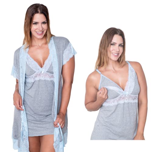 Kit Camisola Amamentação com Robe Gestante Saída de Maternidade (G (40/42), Mescla c/Renda Rosa)