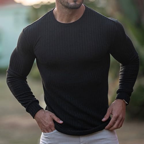 Men's Long Sleeve Shirts Ribbed Pullover Sweater Muscle T-Shirt Slim Fit Thermal Tops Crew Neck Stretchy Undershirts2