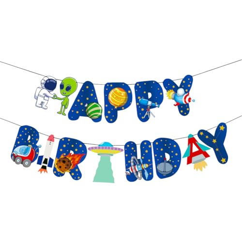 Space Birthday Banner for Boys Girls Kids, Outer Space Astronauts Rockets UFO Satellites Happy Birthday Bunting Garland Banner for Space Theme Birthday Party Hanging Wall Decorations
