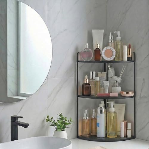Image of 3 Tier Corner Bathroom Counter Organizer, Countertop Organizer, Makeup Organizer Countertop, Bathroom Storage Sink Shelf, Wooden and Metal Counter Shelf (Large Capacity-Black)