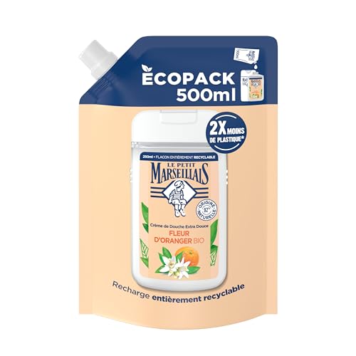 Le Petit Marseillais | Recarga Crema de ducha Extra Dulce Flor de Naranja Orgánica (Ecopack de 500 ml) – Gel de ducha con 92% de ingredientes de origen natural – Embalaje totalmente reciclable